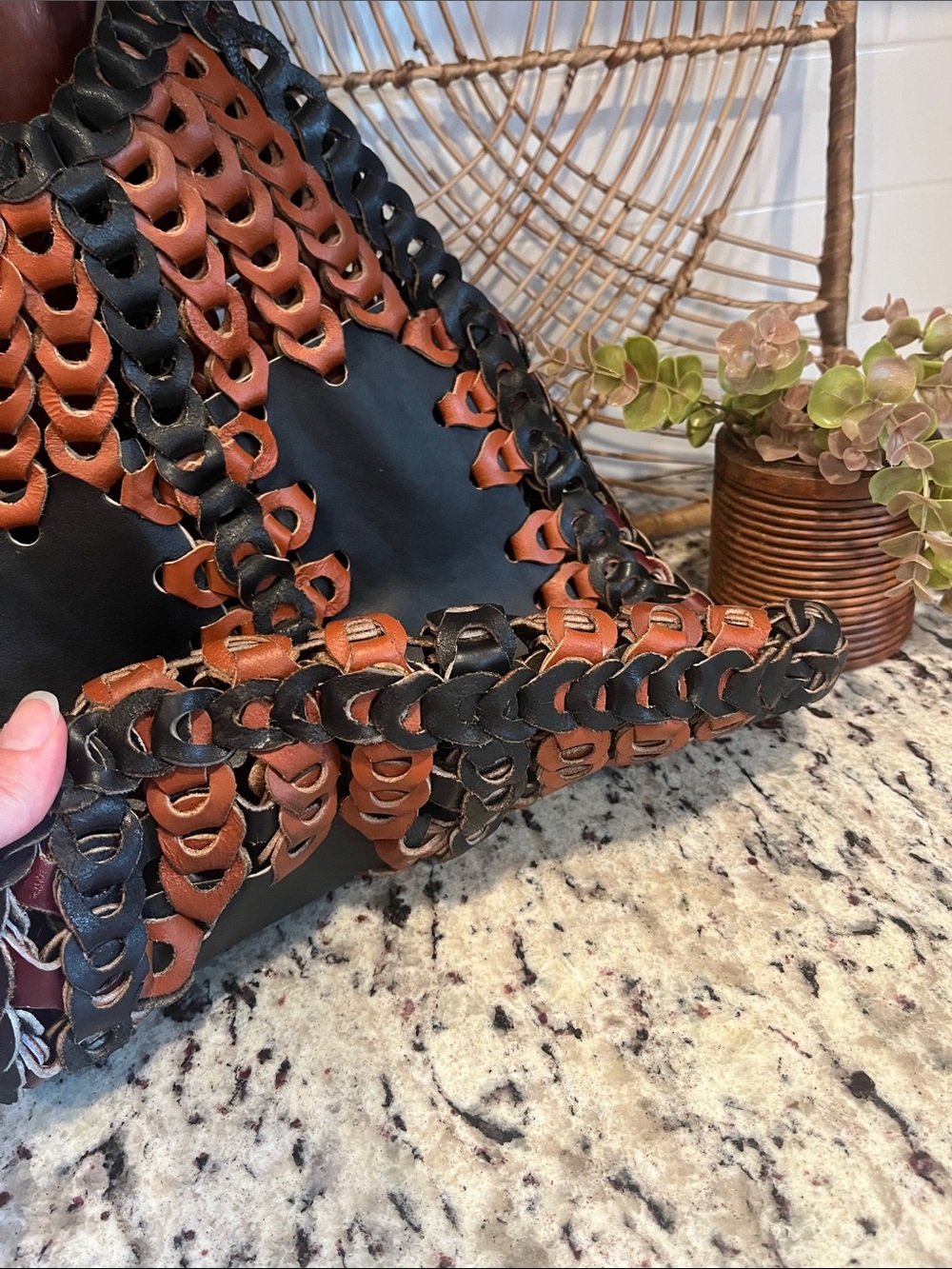 Woven Two-Tone Black & Brown Leather Tote - Picture 8 of 9